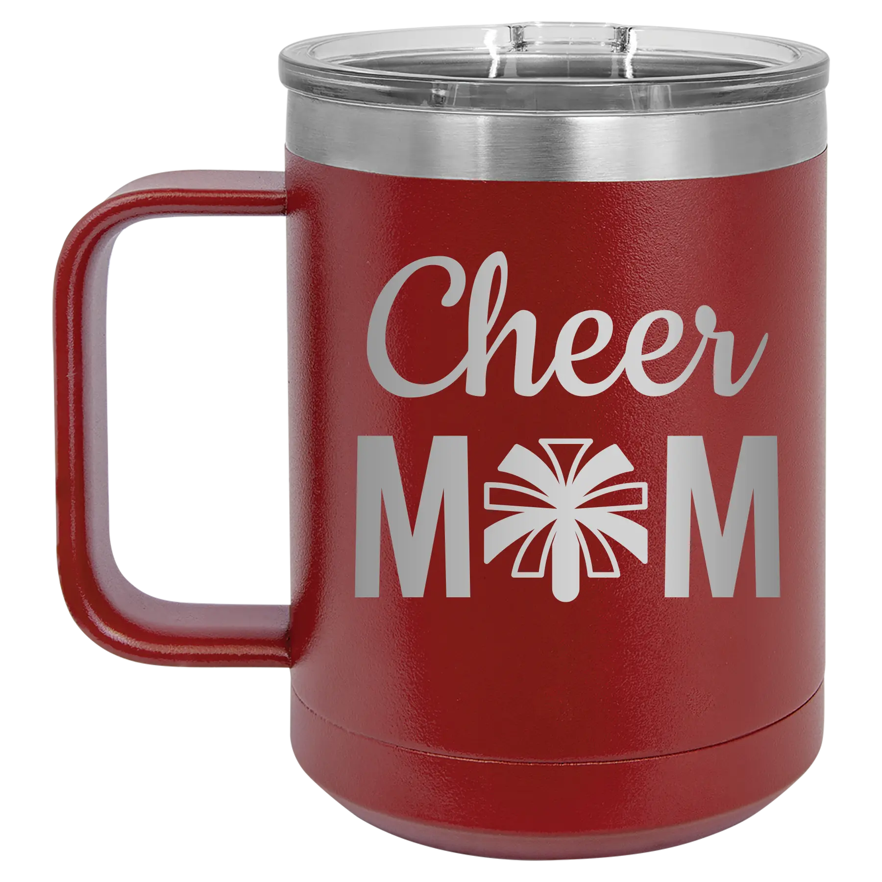 Laser etched maroon 15 oz vacuum insulated coffee mug with 'Mom Cheer2' design