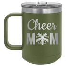 Laser etched olive green 15 oz vacuum insulated coffee mug with 'Mom Cheer2' design