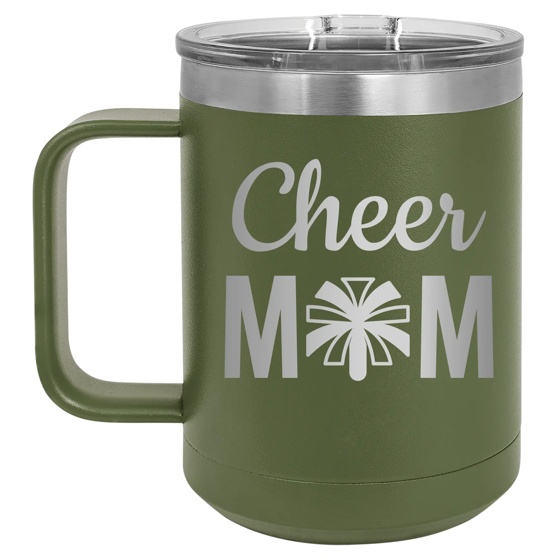 Laser etched olive green 15 oz vacuum insulated coffee mug with 'Mom Cheer2' design
