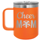 Laser etched orange 15 oz vacuum insulated coffee mug with 'Mom Cheer2' design