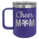 Laser etched purple 15 oz vacuum insulated coffee mug with 'Mom Cheer2' design