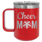 Laser etched red 15 oz vacuum insulated coffee mug with 'Mom Cheer2' design