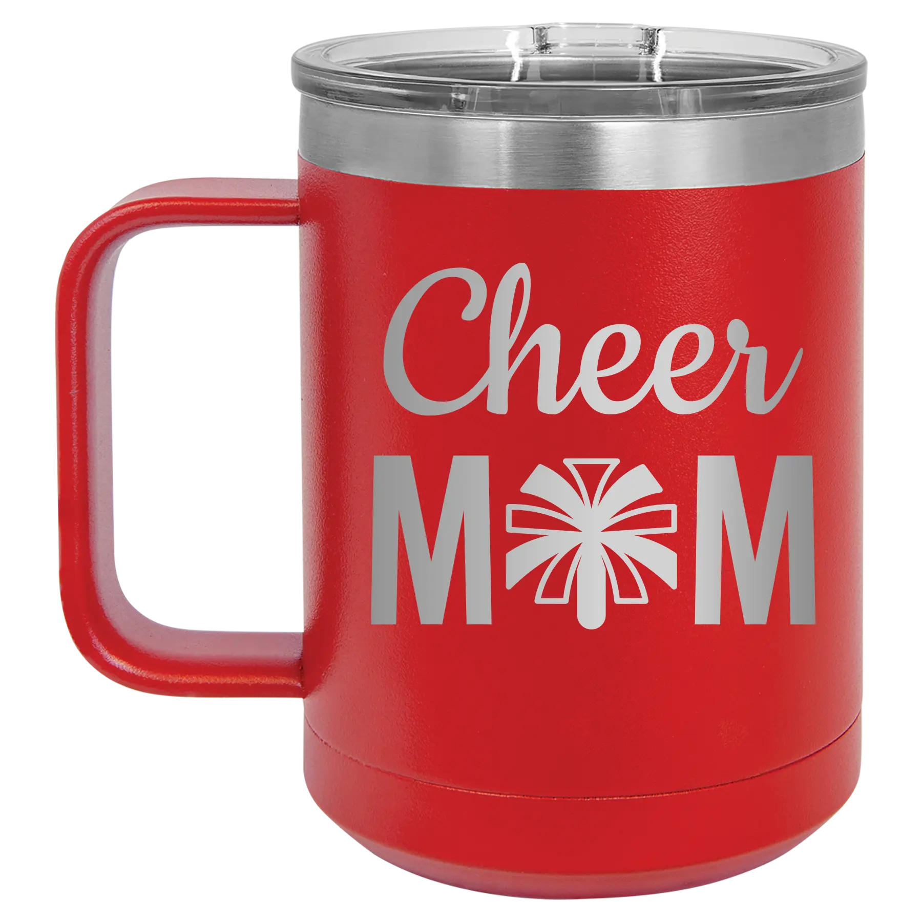 Laser etched red 15 oz vacuum insulated coffee mug with 'Mom Cheer2' design