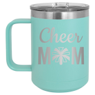 Laser etched teal 15 oz vacuum insulated coffee mug with 'Mom Cheer2' design