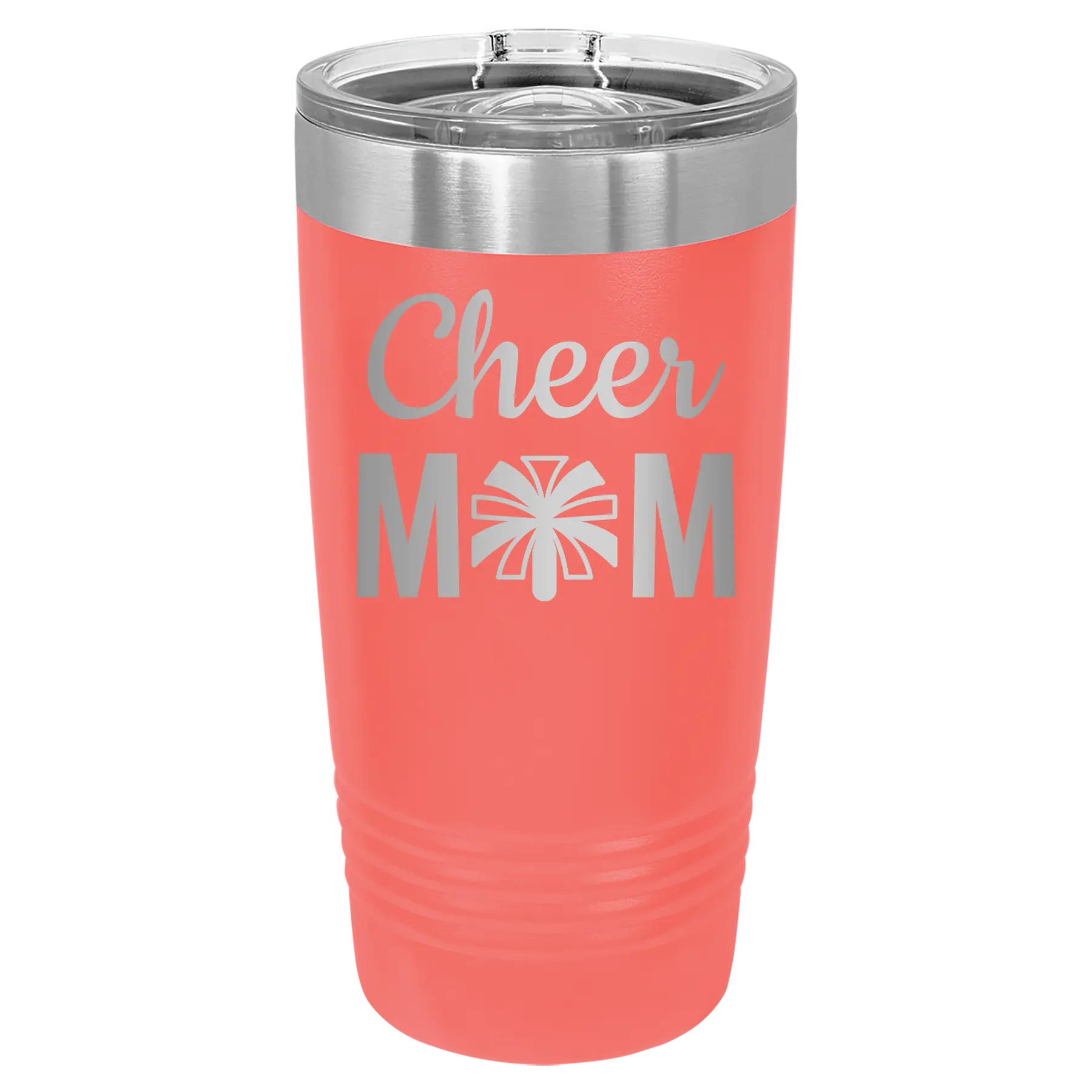 Laser etched coral 20 oz vacuum insulated tumbler with 'Mom Cheer2' design