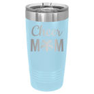 Laser etched light blue 20 oz vacuum insulated tumbler with 'Mom Cheer2' design