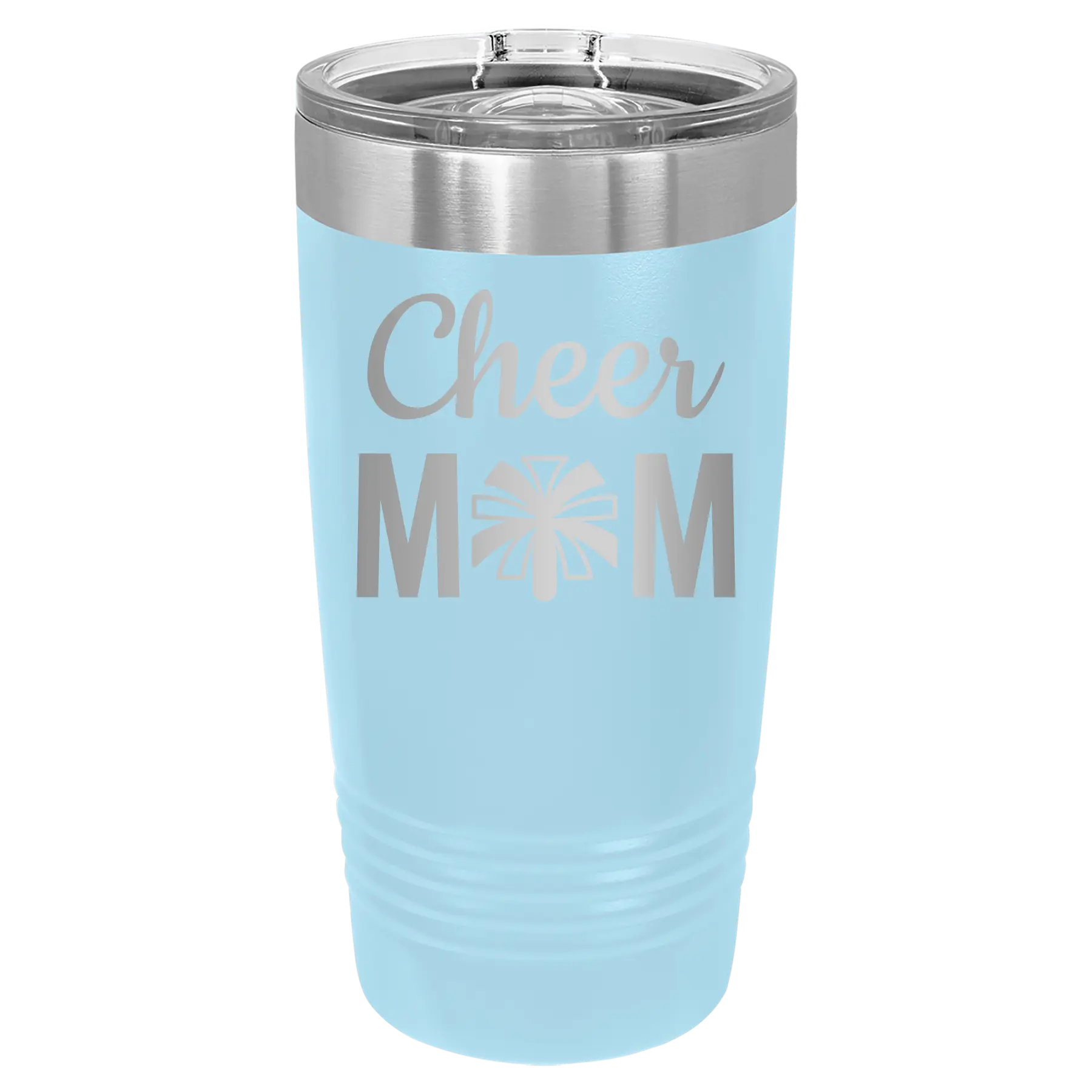 Laser etched light blue 20 oz vacuum insulated tumbler with 'Mom Cheer2' design