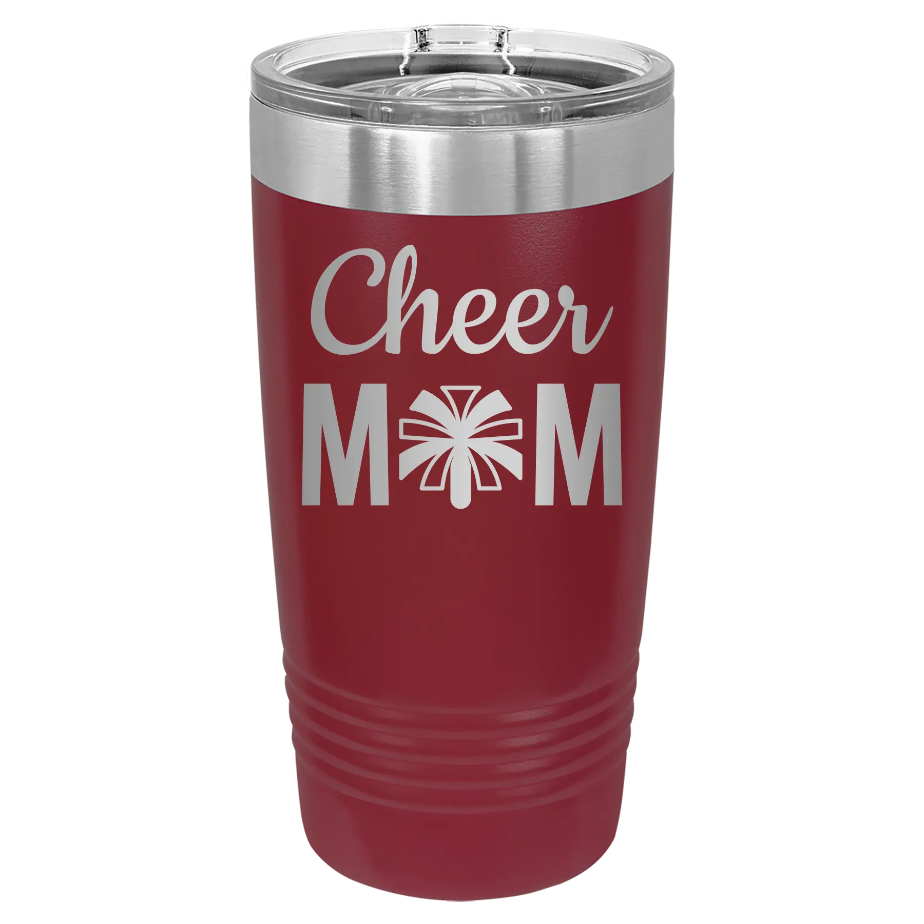 Laser etched maroon 20 oz vacuum insulated tumbler with 'Mom Cheer2' design
