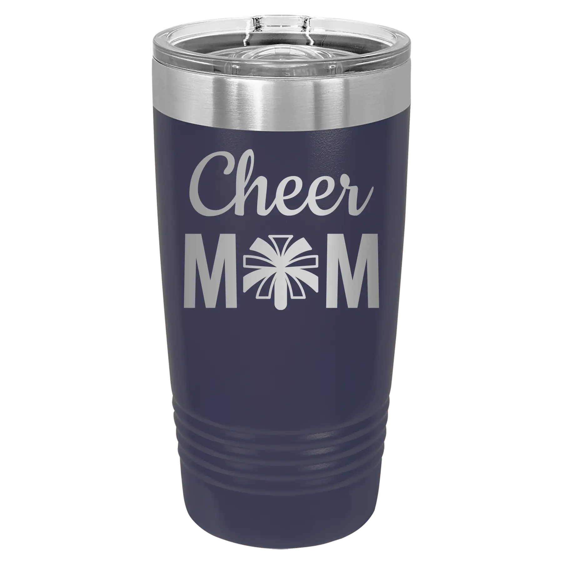 Laser etched navy 20 oz vacuum insulated tumbler with 'Mom Cheer2' design