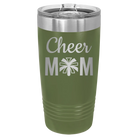 Laser etched olive green 20 oz vacuum insulated tumbler with 'Mom Cheer2' design