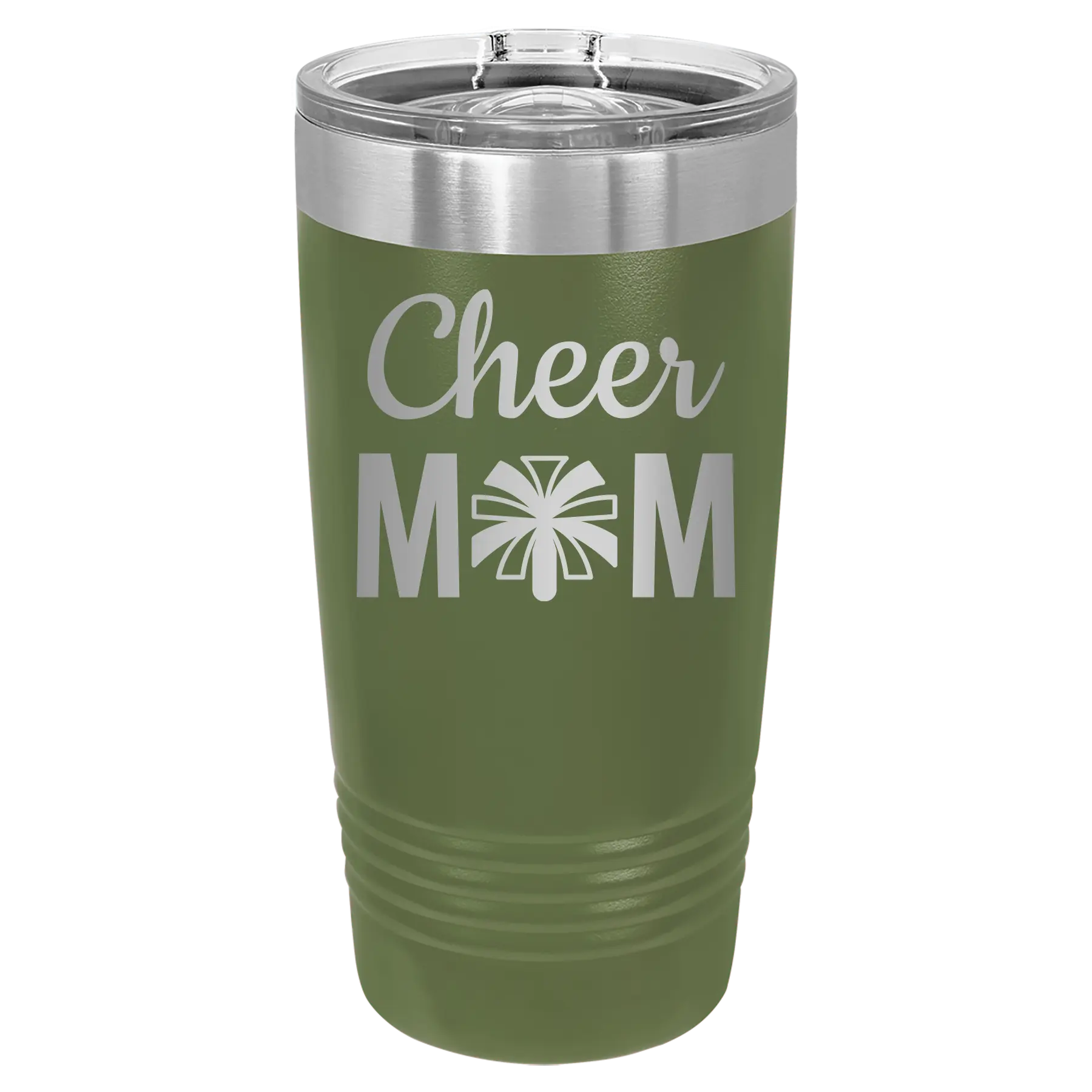 Laser etched olive green 20 oz vacuum insulated tumbler with 'Mom Cheer2' design