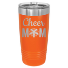 Laser etched orange 20 oz vacuum insulated tumbler with 'Mom Cheer2' design