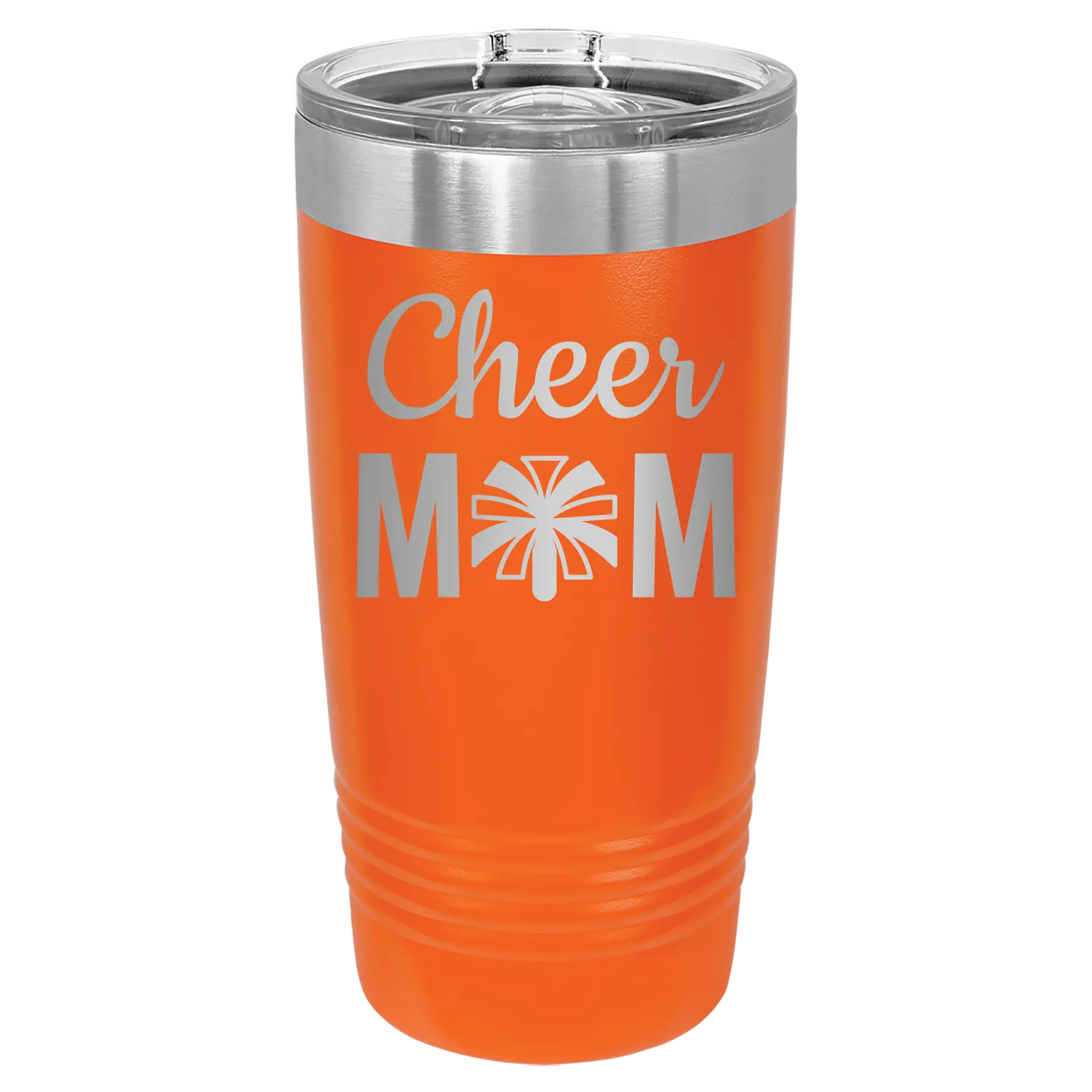 Laser etched orange 20 oz vacuum insulated tumbler with 'Mom Cheer2' design