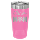 Laser etched pink 20 oz vacuum insulated tumbler with 'Mom Cheer2' design