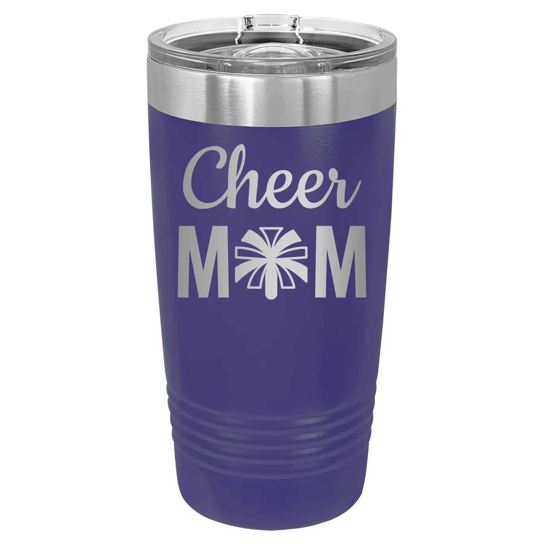 Laser etched purple 20 oz vacuum insulated tumbler with 'Mom Cheer2' design