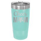Laser etched teal 20 oz vacuum insulated tumbler with 'Mom Cheer2' design