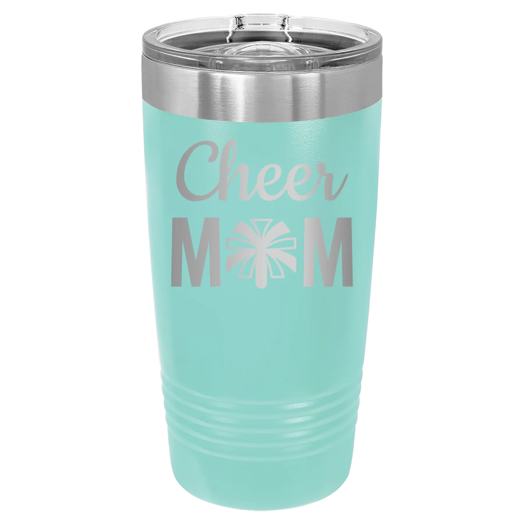 Laser etched teal 20 oz vacuum insulated tumbler with 'Mom Cheer2' design