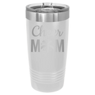 Laser etched white 20 oz vacuum insulated tumbler with 'Mom Cheer2' design