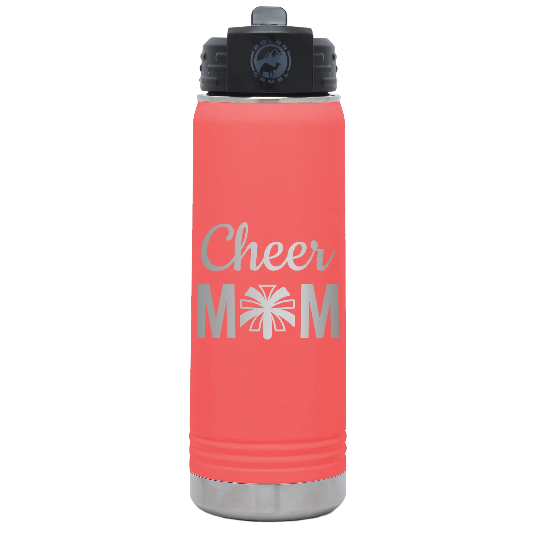 Laser etched coral 20 oz vacuum insulated water bottle with 'Mom Cheer2' design