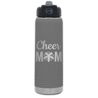 Laser etched dark gray 20 oz vacuum insulated water bottle with 'Mom Cheer2' design