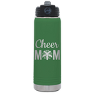 Laser etched green 20 oz vacuum insulated water bottle with 'Mom Cheer2' design