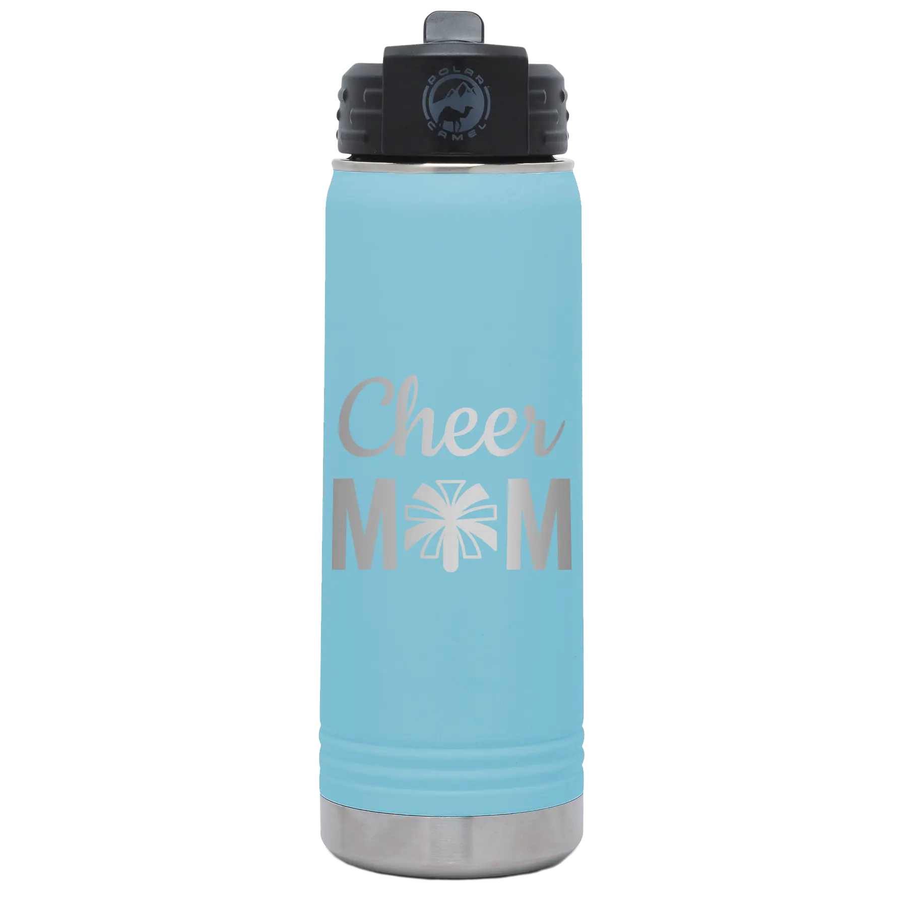 Laser etched light blue 20 oz vacuum insulated water bottle with 'Mom Cheer2' design