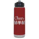 Laser etched maroon 20 oz vacuum insulated water bottle with 'Mom Cheer2' design