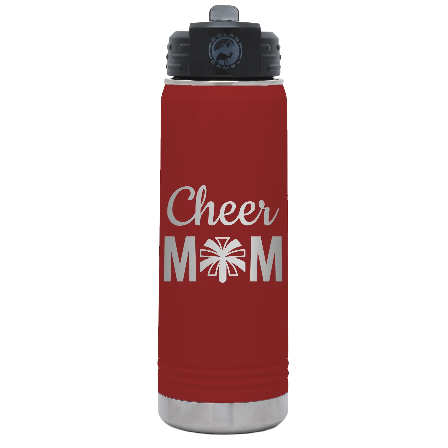 Laser etched maroon 20 oz vacuum insulated water bottle with 'Mom Cheer2' design