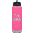 Laser etched pink 20 oz vacuum insulated water bottle with 'Mom Cheer2' design