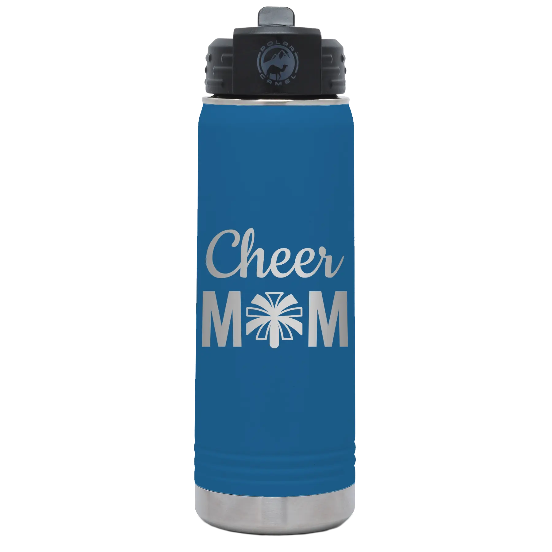 Laser etched royal blue 20 oz vacuum insulated water bottle with 'Mom Cheer2' design