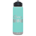Laser etched teal 20 oz vacuum insulated water bottle with 'Mom Cheer2' design