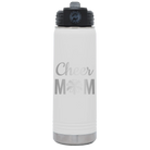 Laser etched white 20 oz vacuum insulated water bottle with 'Mom Cheer2' design