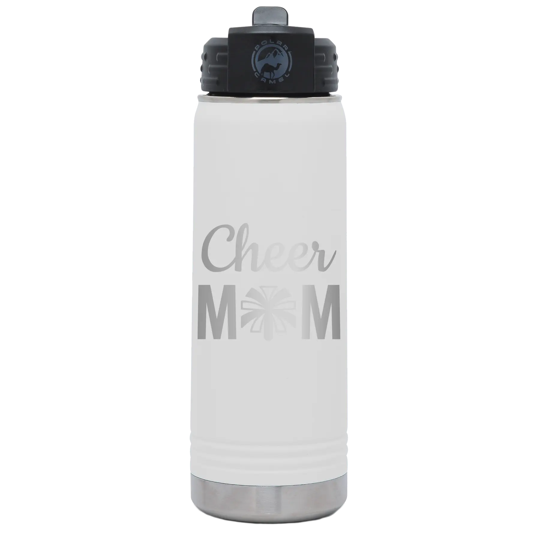 Laser etched white 20 oz vacuum insulated water bottle with 'Mom Cheer2' design