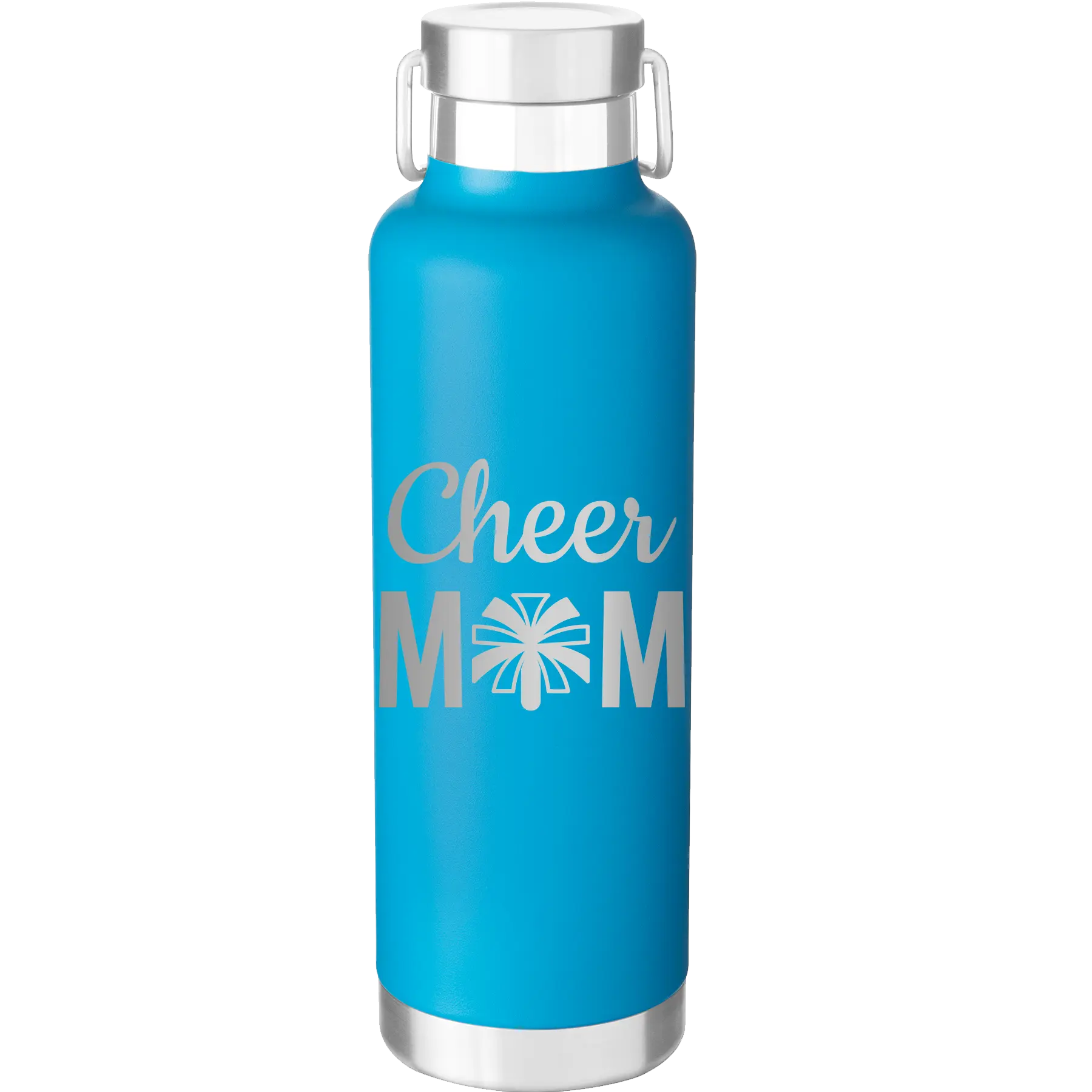 Laser etched aqua 24 oz vacuum insulated water bottle with 'Mom Cheer2' design