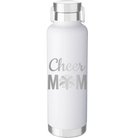 Laser etched white 24 oz vacuum insulated water bottle with 'Mom Cheer2' design