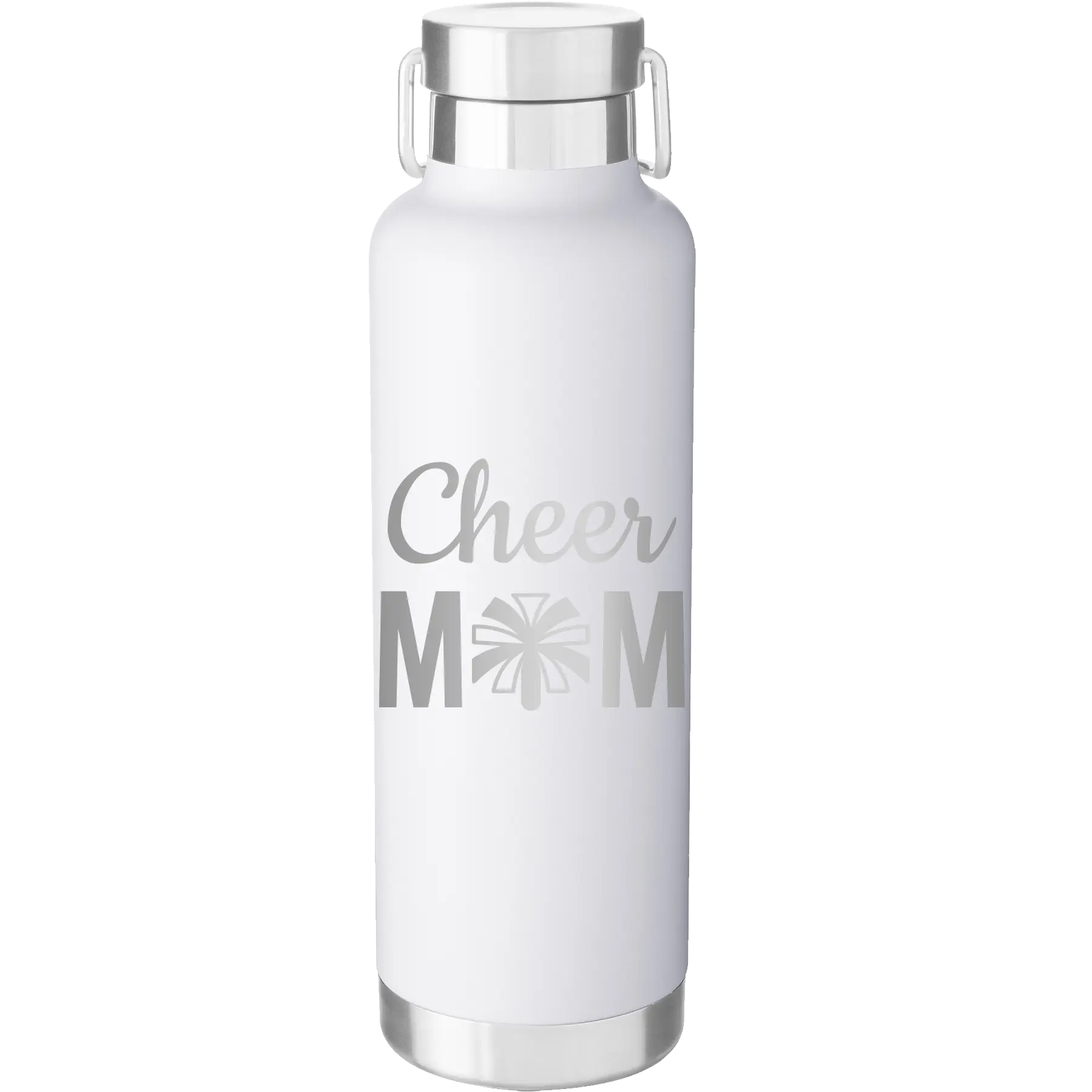 Laser etched white 24 oz vacuum insulated water bottle with 'Mom Cheer2' design