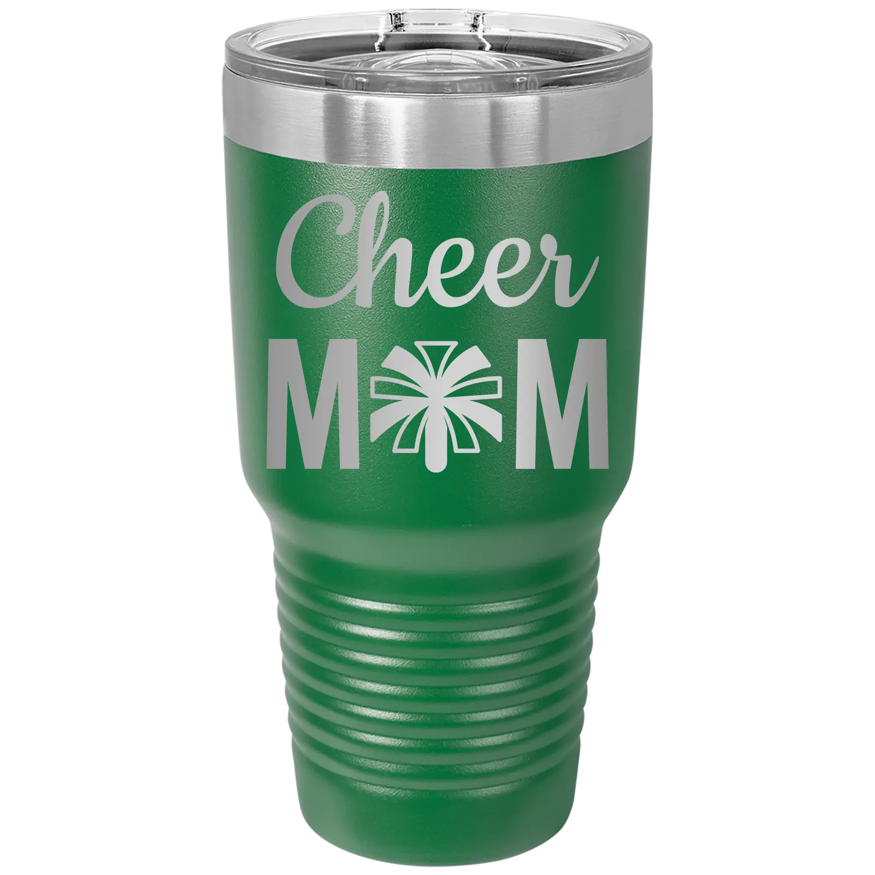 Laser etched green 30 oz vacuum insulated tumbler with 'Mom Cheer2' design