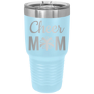 Laser etched light blue 30 oz vacuum insulated tumbler with 'Mom Cheer2' design
