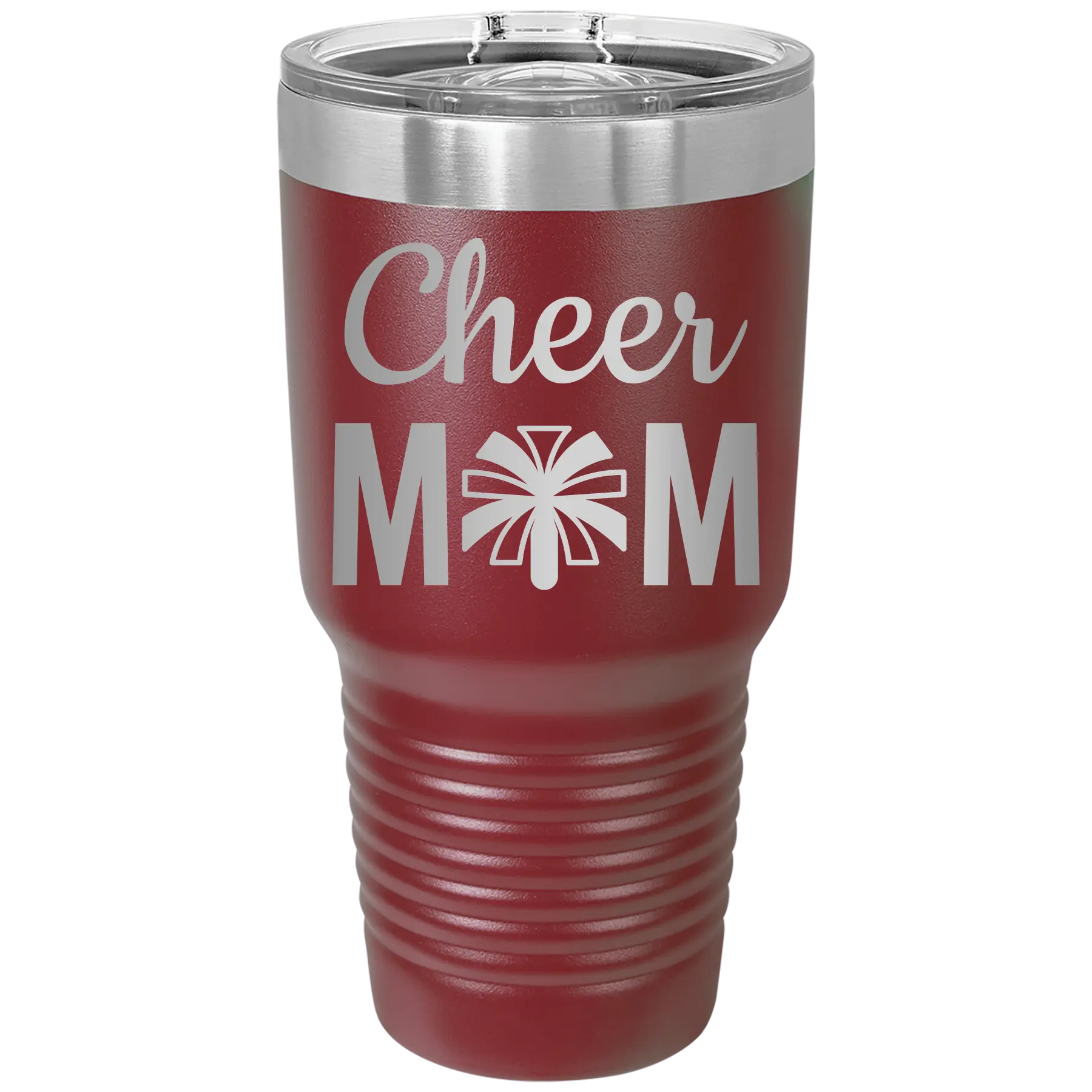Laser etched maroon 30 oz vacuum insulated tumbler with 'Mom Cheer2' design