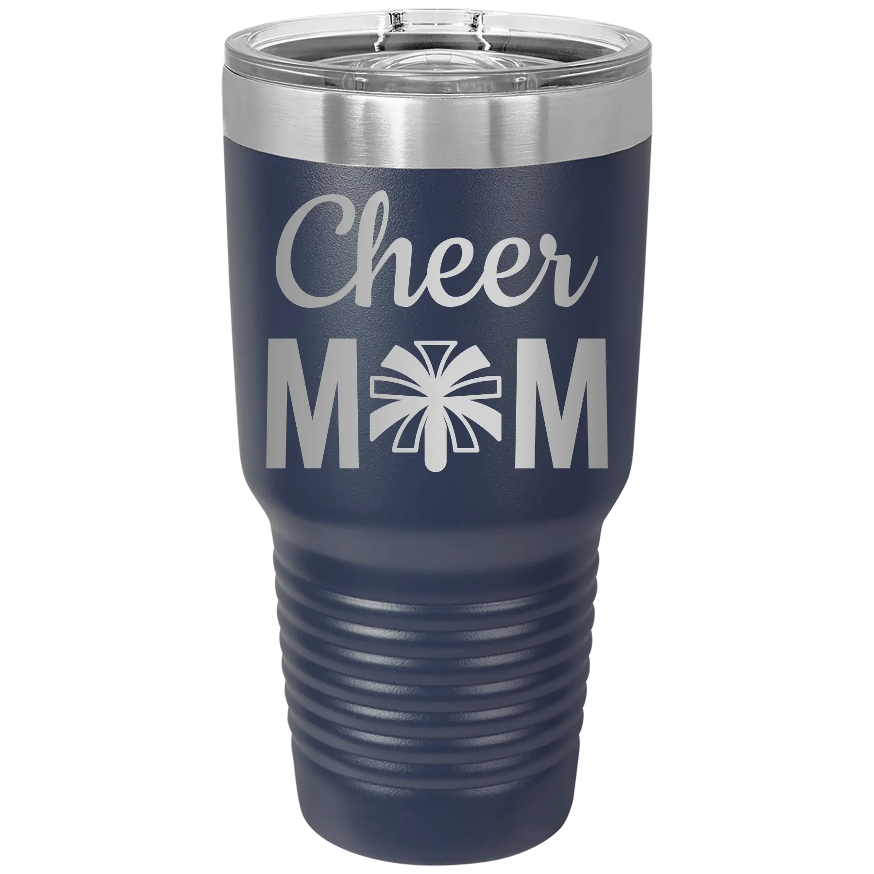 Laser etched navy 30 oz vacuum insulated tumbler with 'Mom Cheer2' design