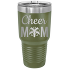Laser etched olive green 30 oz vacuum insulated tumbler with 'Mom Cheer2' design