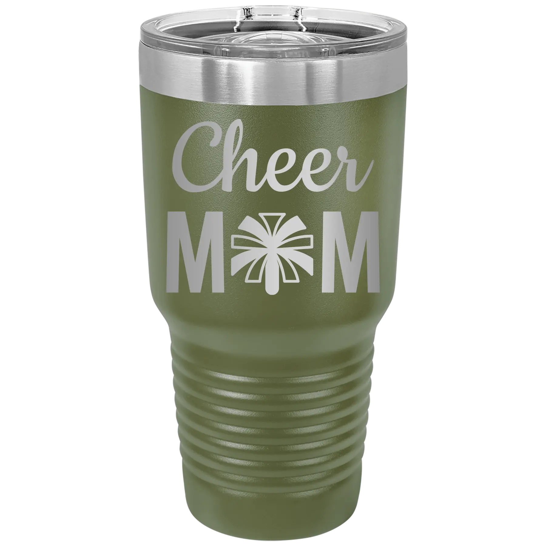 Laser etched olive green 30 oz vacuum insulated tumbler with 'Mom Cheer2' design