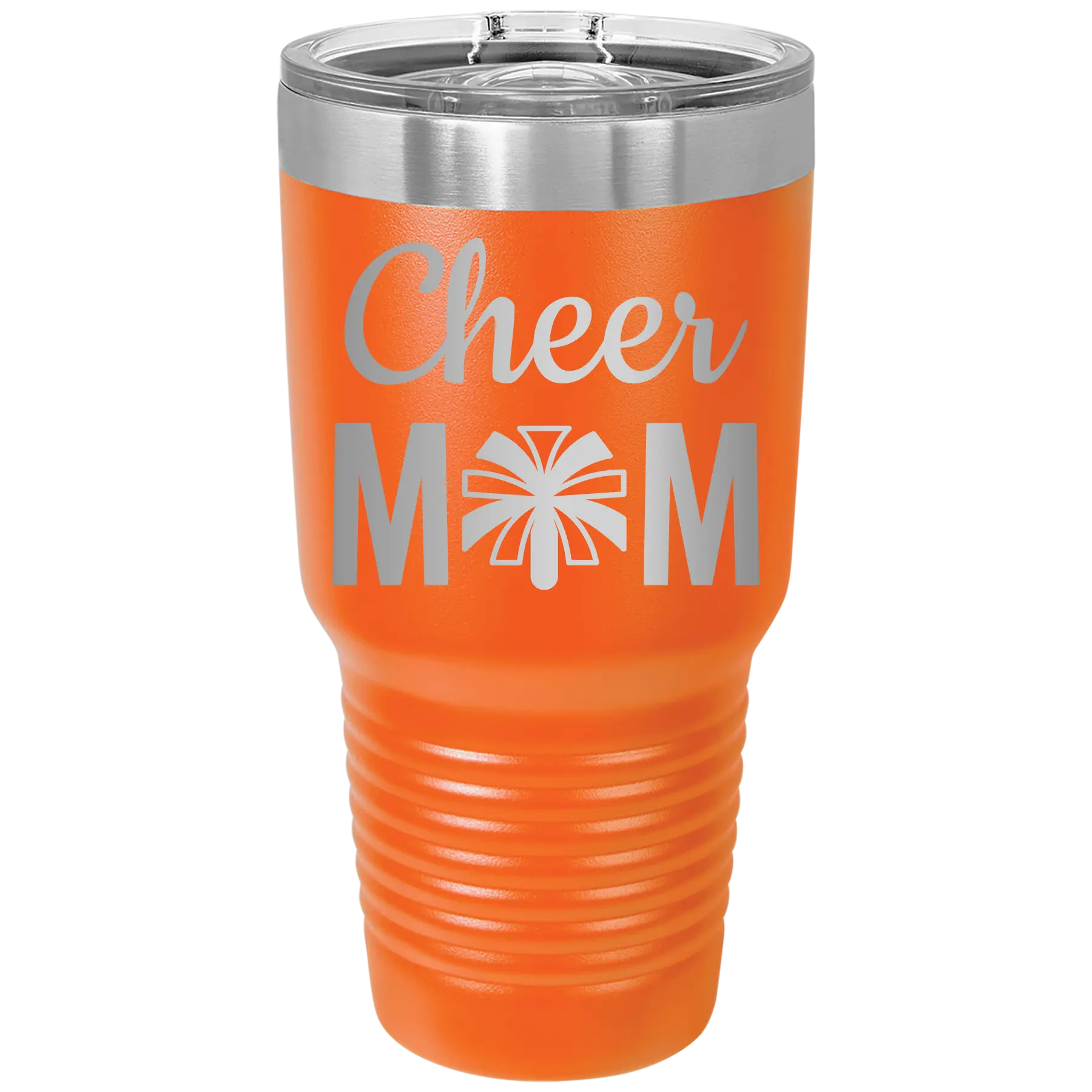Laser etched orange 30 oz vacuum insulated tumbler with 'Mom Cheer2' design