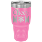 Laser etched pink 30 oz vacuum insulated tumbler with 'Mom Cheer2' design