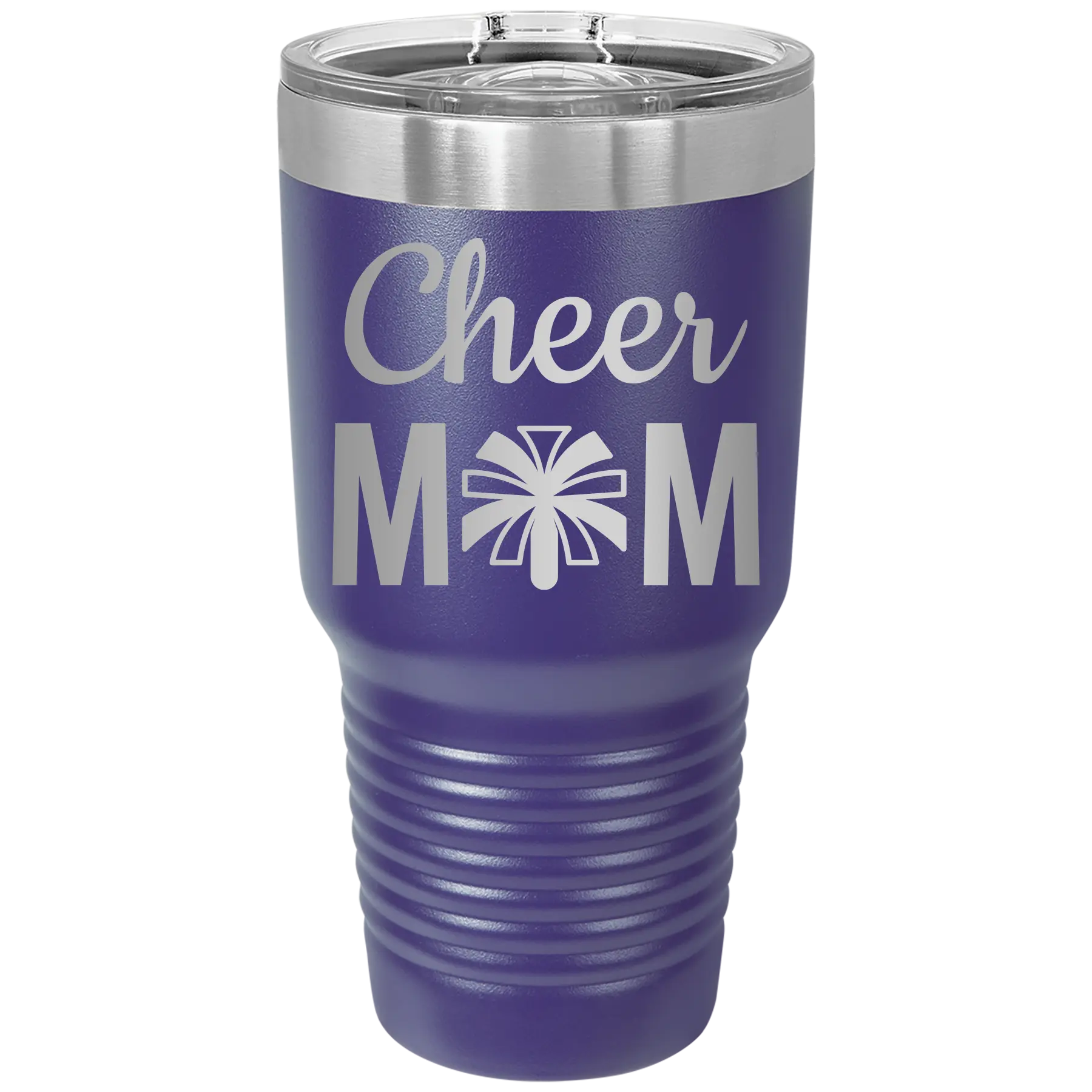 Laser etched purple 30 oz vacuum insulated tumbler with 'Mom Cheer2' design
