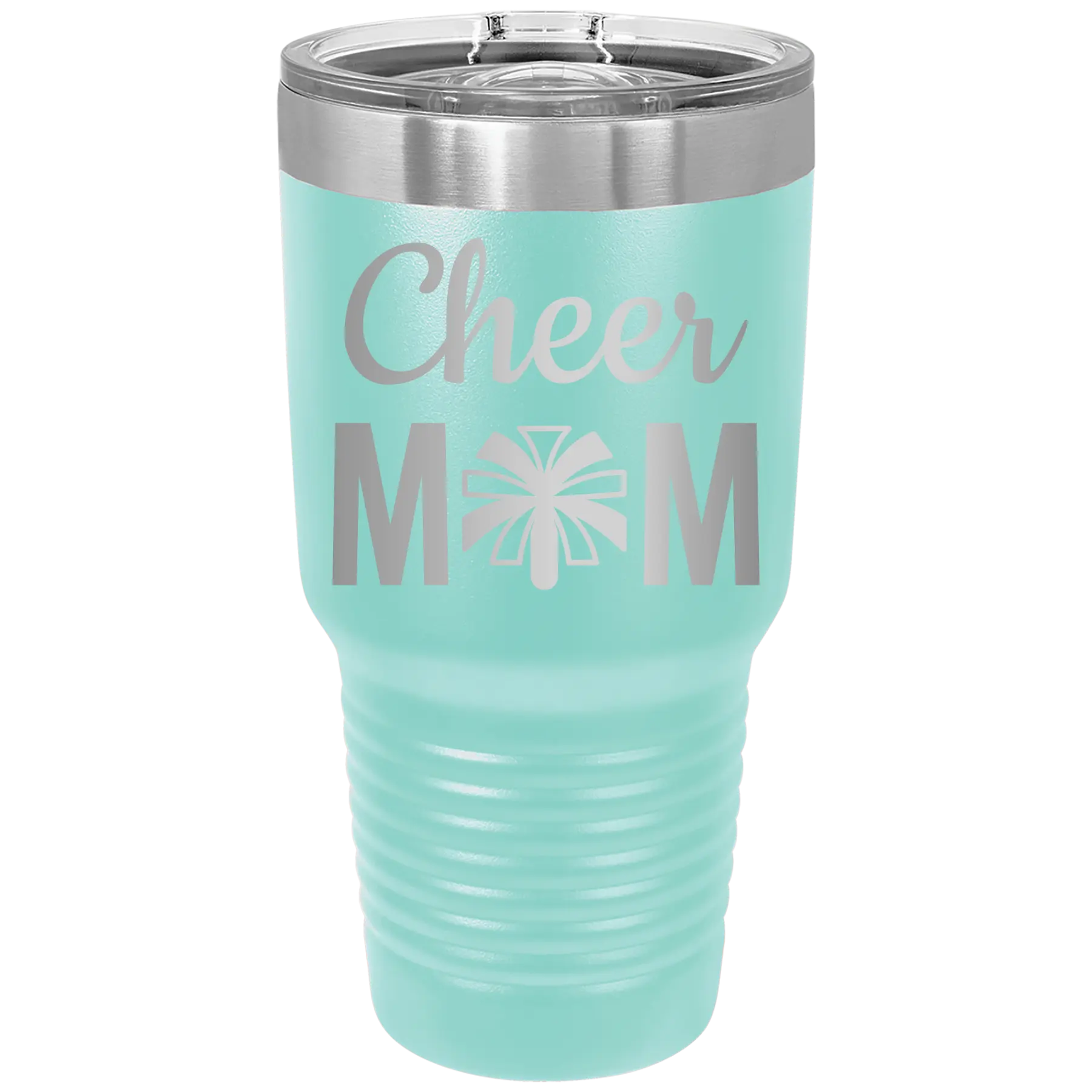 Laser etched teal 30 oz vacuum insulated tumbler with 'Mom Cheer2' design
