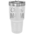 Laser etched white 30 oz vacuum insulated tumbler with 'Mom Cheer2' design