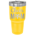Laser etched yellow 30 oz vacuum insulated tumbler with 'Mom Cheer2' design