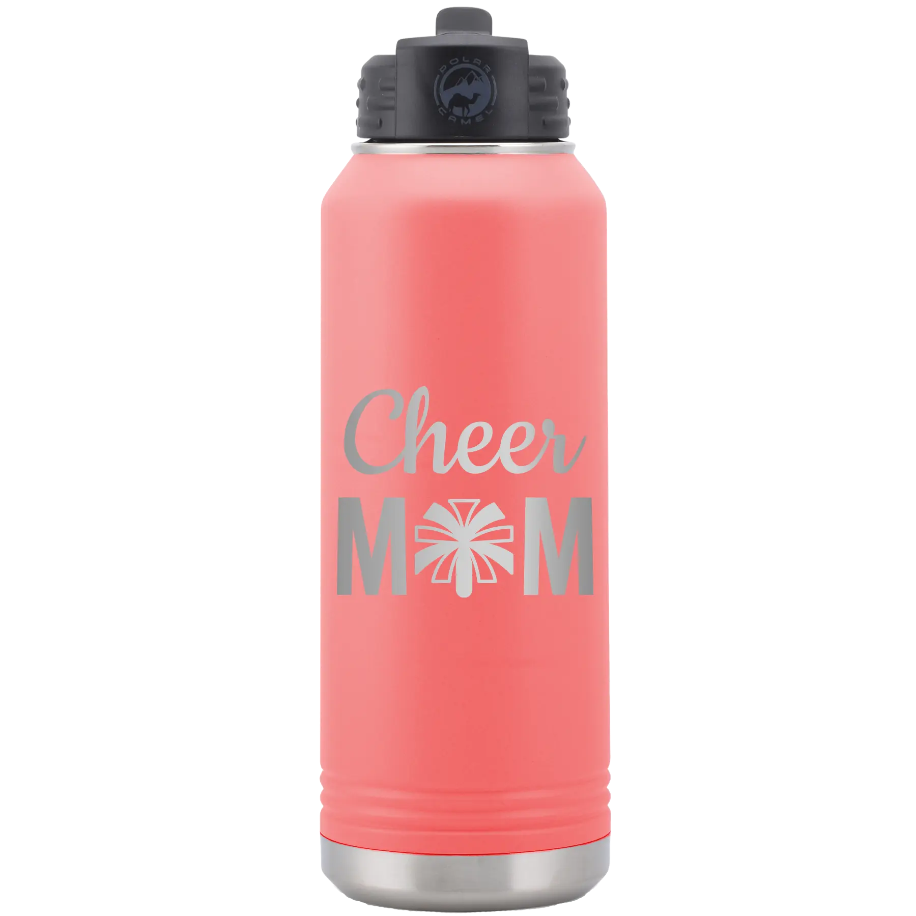 Laser etched coral 32 oz vacuum insulated water bottle with 'Mom Cheer2' design