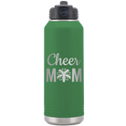 Laser etched green 32 oz vacuum insulated water bottle with 'Mom Cheer2' design
